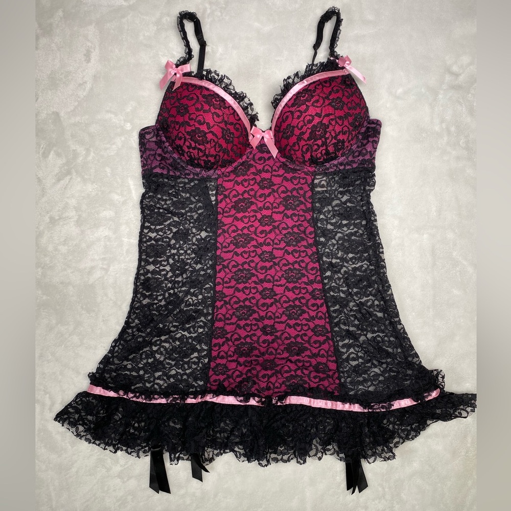 Women’s Victoria’s Secret 34B black pink lace mini babydoll - Picture 1 of 7